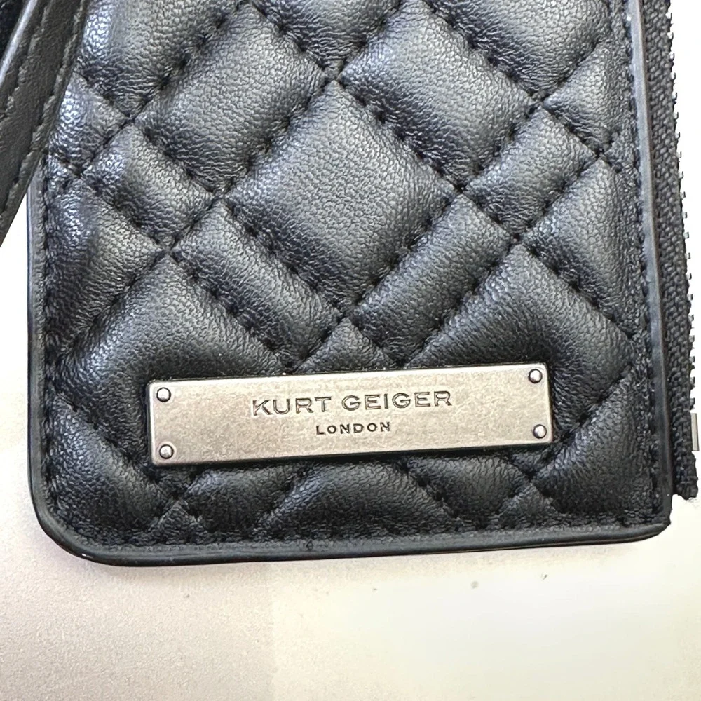 Kurt Geiger London Quilted Card Case Wallet with Lanyard Strap Black Minimalist